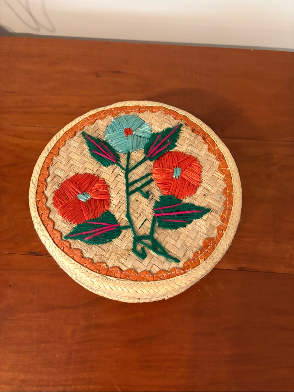 Vintage Floral Sewing Basket Woven Raffia Trinket Box Boho